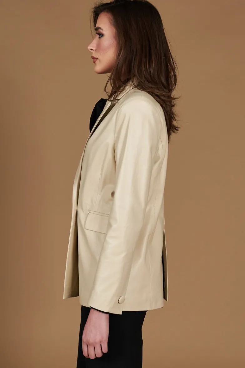 Donna D'Arienzo Giada - Blazer doppiopetto in pelle beige chiusura bottone