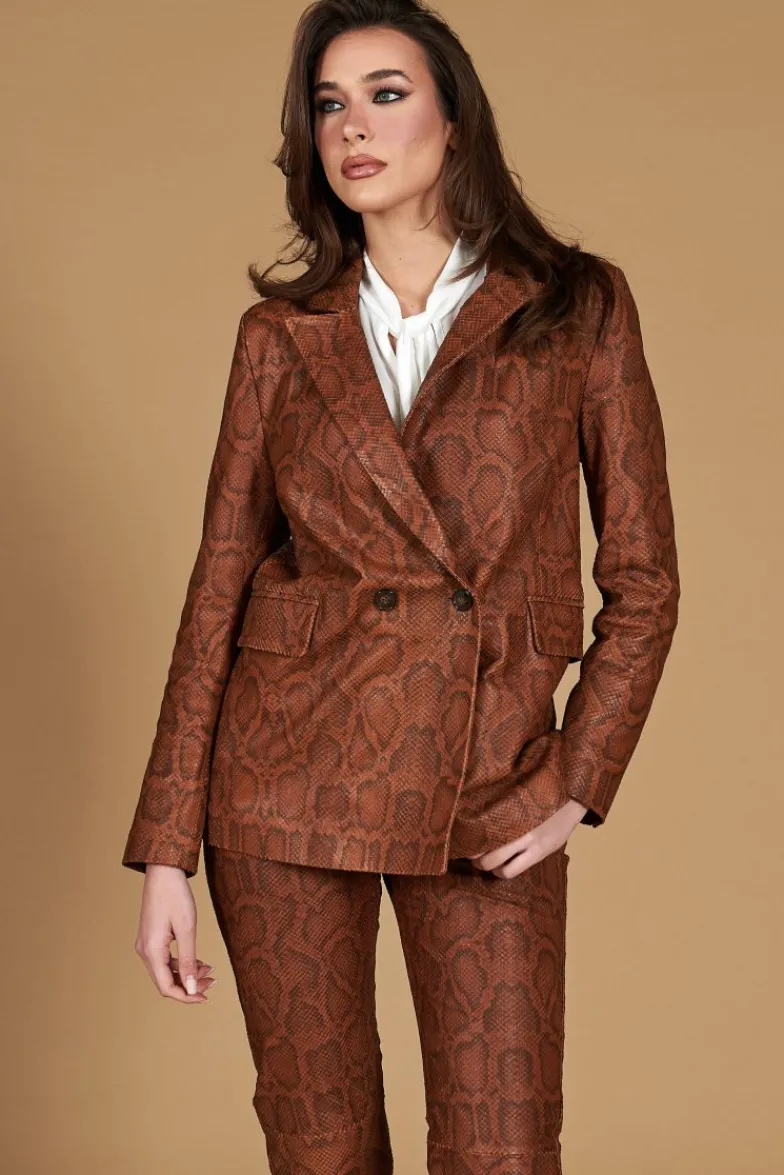 Donna D'Arienzo Giada - Blazer doppiopetto in pelle marrone stampa pitone