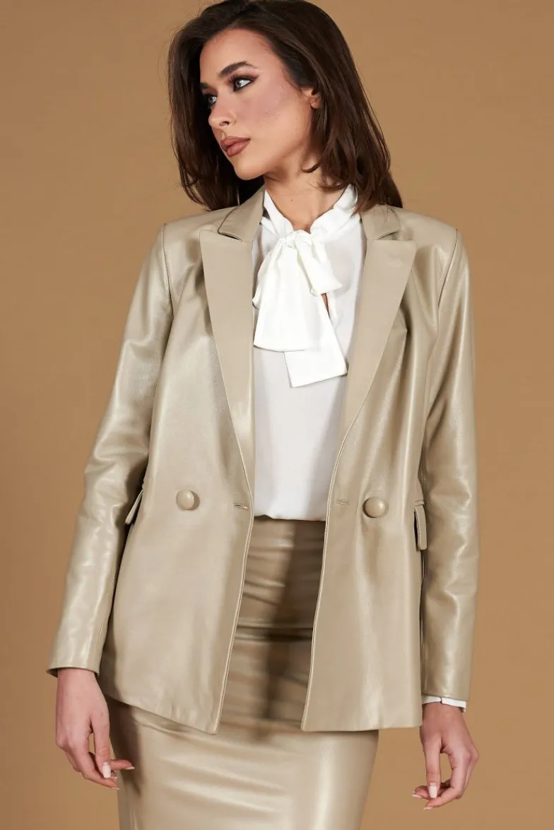 Donna D'Arienzo Giada - Blazer doppiopetto in pelle grigio perla chiusura bottone