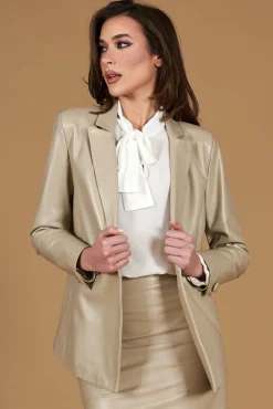 Donna D'Arienzo Giada - Blazer doppiopetto in pelle grigio perla chiusura bottone