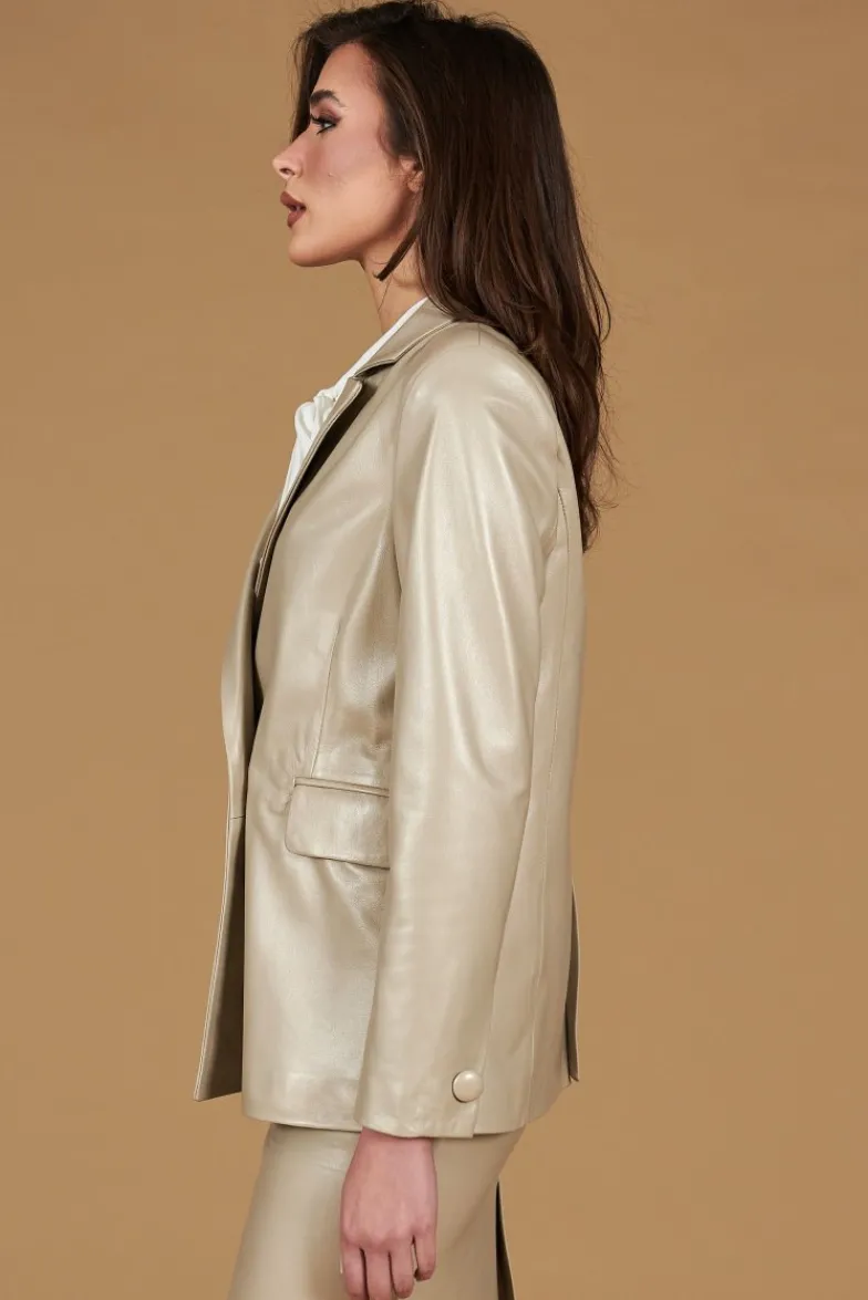 Donna D'Arienzo Giada - Blazer doppiopetto in pelle grigio perla chiusura bottone