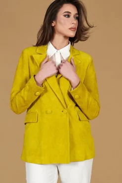 Donna D'Arienzo Giada - Blazer doppiopetto in pelle camoscio giallo chiusura bottone