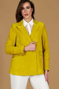 Donna D'Arienzo Giada - Blazer doppiopetto in pelle camoscio giallo chiusura bottone