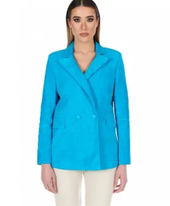 Donna D'Arienzo Giada - Blazer doppiopetto in pelle camoscio turchese chiusura bottone