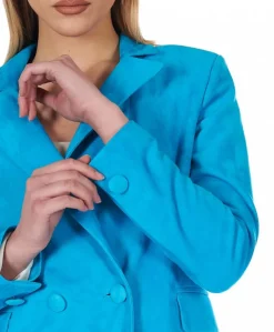 Donna D'Arienzo Giada - Blazer doppiopetto in pelle camoscio turchese chiusura bottone