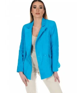 Donna D'Arienzo Giada - Blazer doppiopetto in pelle camoscio turchese chiusura bottone