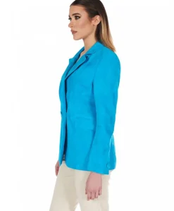 Donna D'Arienzo Giada - Blazer doppiopetto in pelle camoscio turchese chiusura bottone