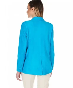 Donna D'Arienzo Giada - Blazer doppiopetto in pelle camoscio turchese chiusura bottone