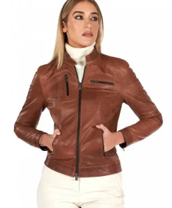 Donna D'Arienzo Giulia - Giacca biker in pelle cuoio pull up effetto vintage