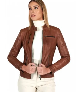 Donna D'Arienzo Giulia - Giacca biker in pelle cuoio pull up effetto vintage