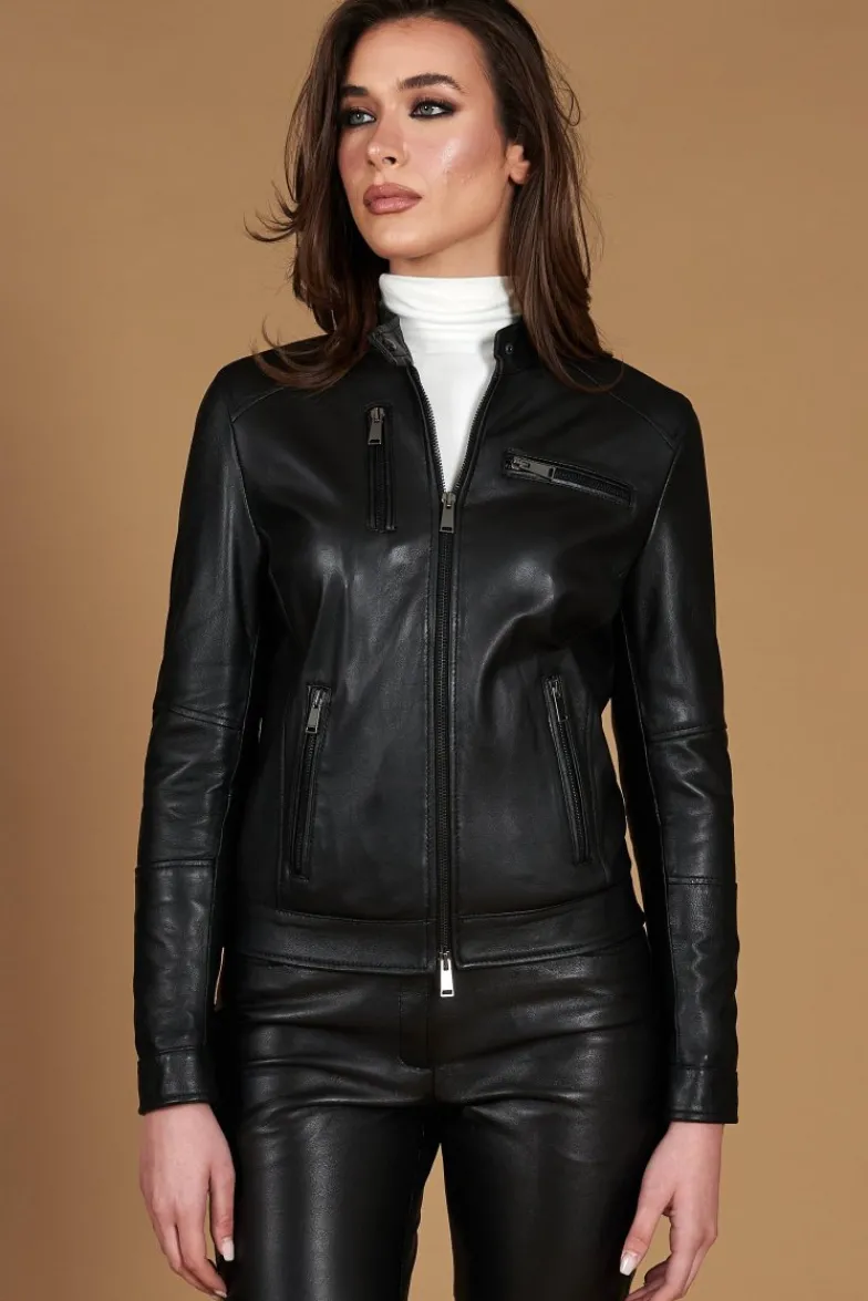 Donna D'Arienzo Giulia - Giacca biker in pelle nera nappa effetto liscio