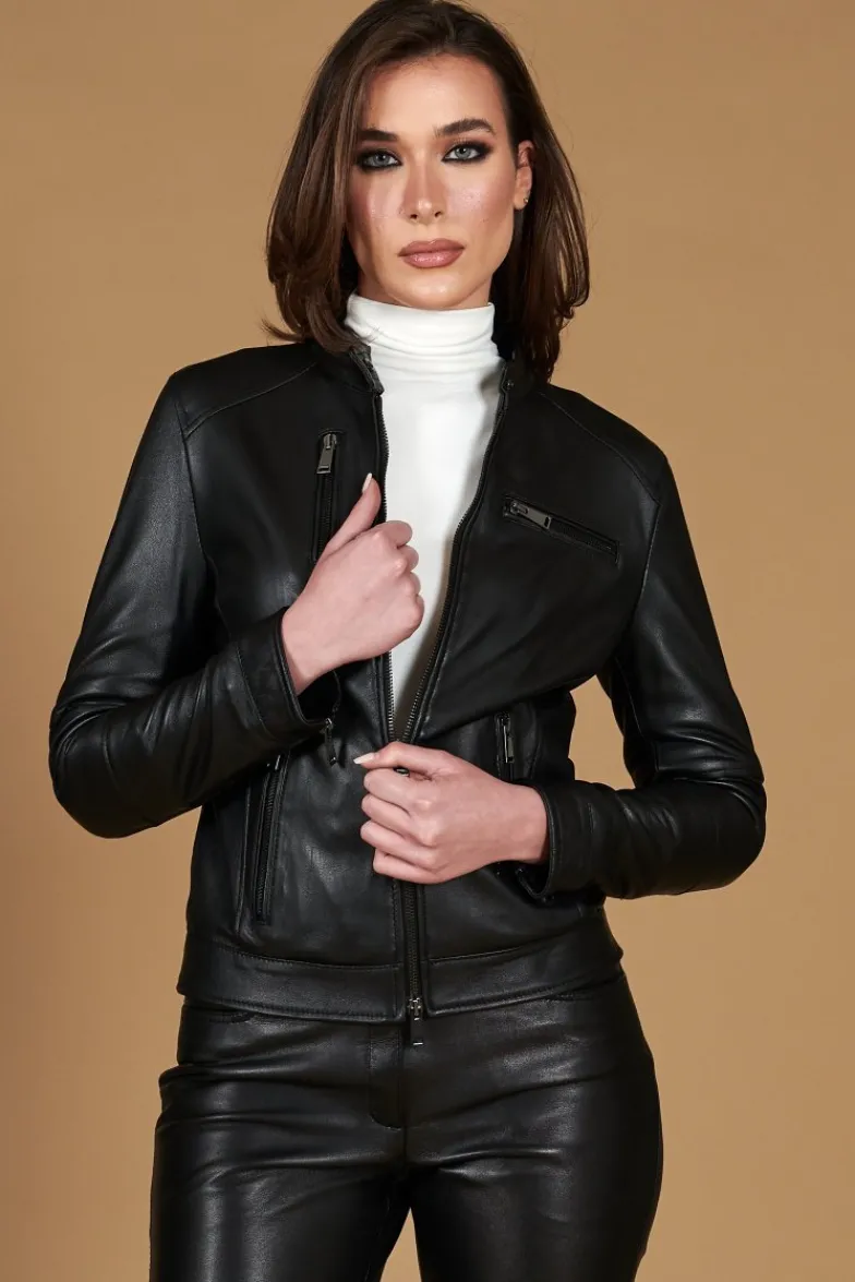 Donna D'Arienzo Giulia - Giacca biker in pelle nera nappa effetto liscio