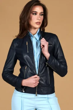 Donna D'Arienzo Giulia - Giacca biker in pelle naturale blu avion effetto liscio