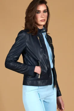 Donna D'Arienzo Giulia - Giacca biker in pelle naturale blu avion effetto liscio