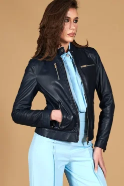 Donna D'Arienzo Giulia - Giacca biker in pelle naturale blu avion effetto liscio