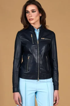 Donna D'Arienzo Giulia - Giacca biker in pelle naturale blu avion effetto liscio