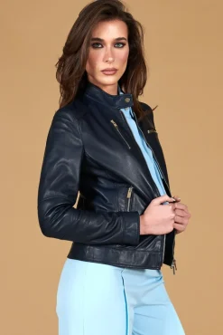 Donna D'Arienzo Giulia - Giacca biker in pelle naturale blu avion effetto liscio