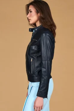 Donna D'Arienzo Giulia - Giacca biker in pelle naturale blu avion effetto liscio