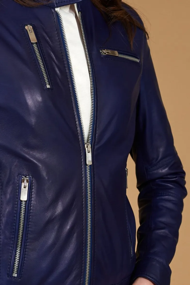 Donna D'Arienzo Giulia - Giacca biker in pelle naturale bluette effetto liscio