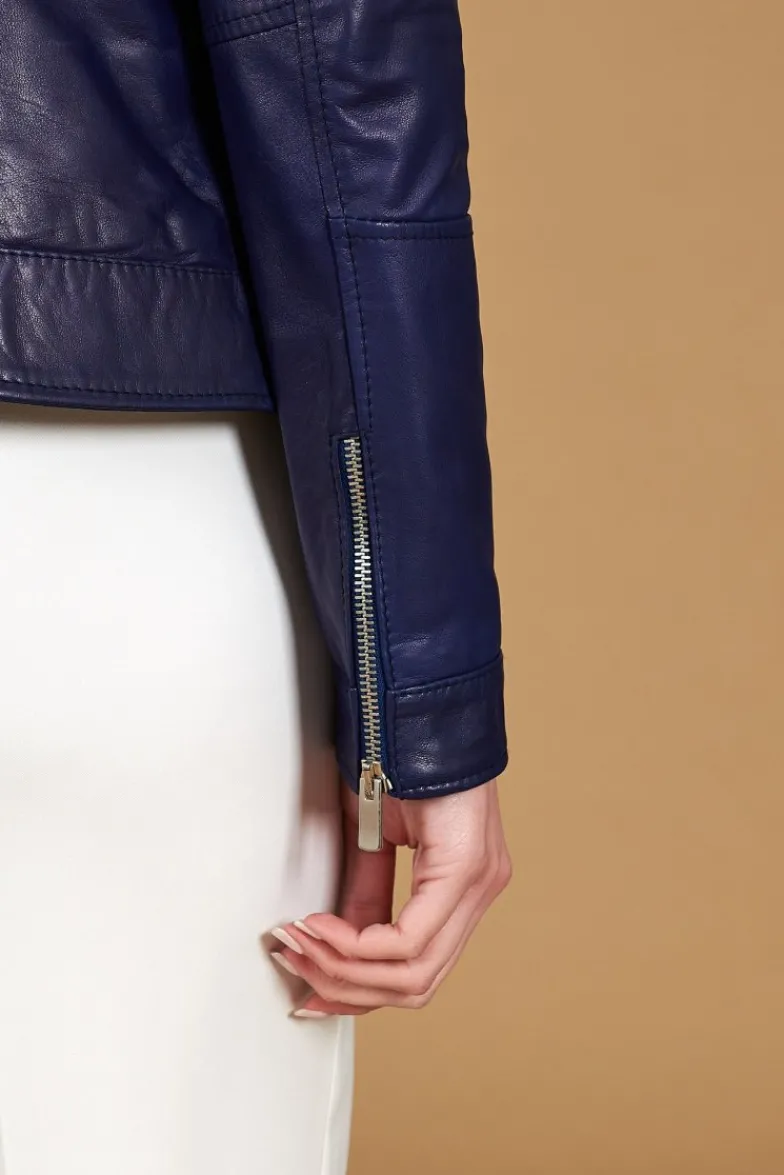 Donna D'Arienzo Giulia - Giacca biker in pelle naturale bluette effetto liscio