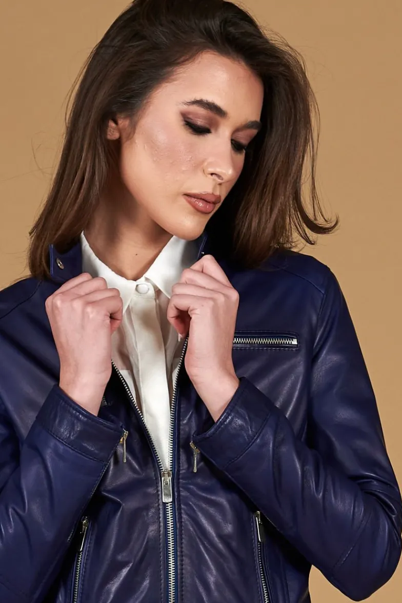 Donna D'Arienzo Giulia - Giacca biker in pelle naturale bluette effetto liscio