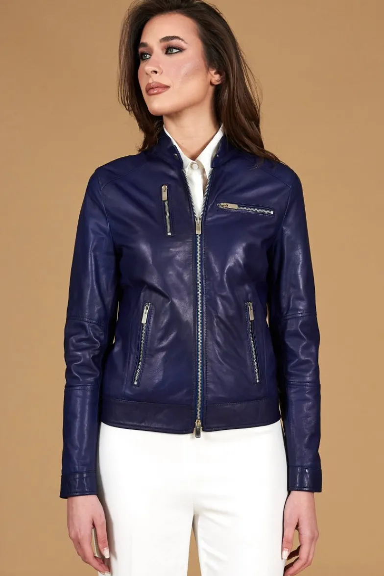 Donna D'Arienzo Giulia - Giacca biker in pelle naturale bluette effetto liscio