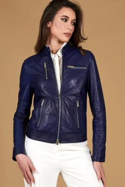Donna D'Arienzo Giulia - Giacca biker in pelle naturale bluette effetto liscio