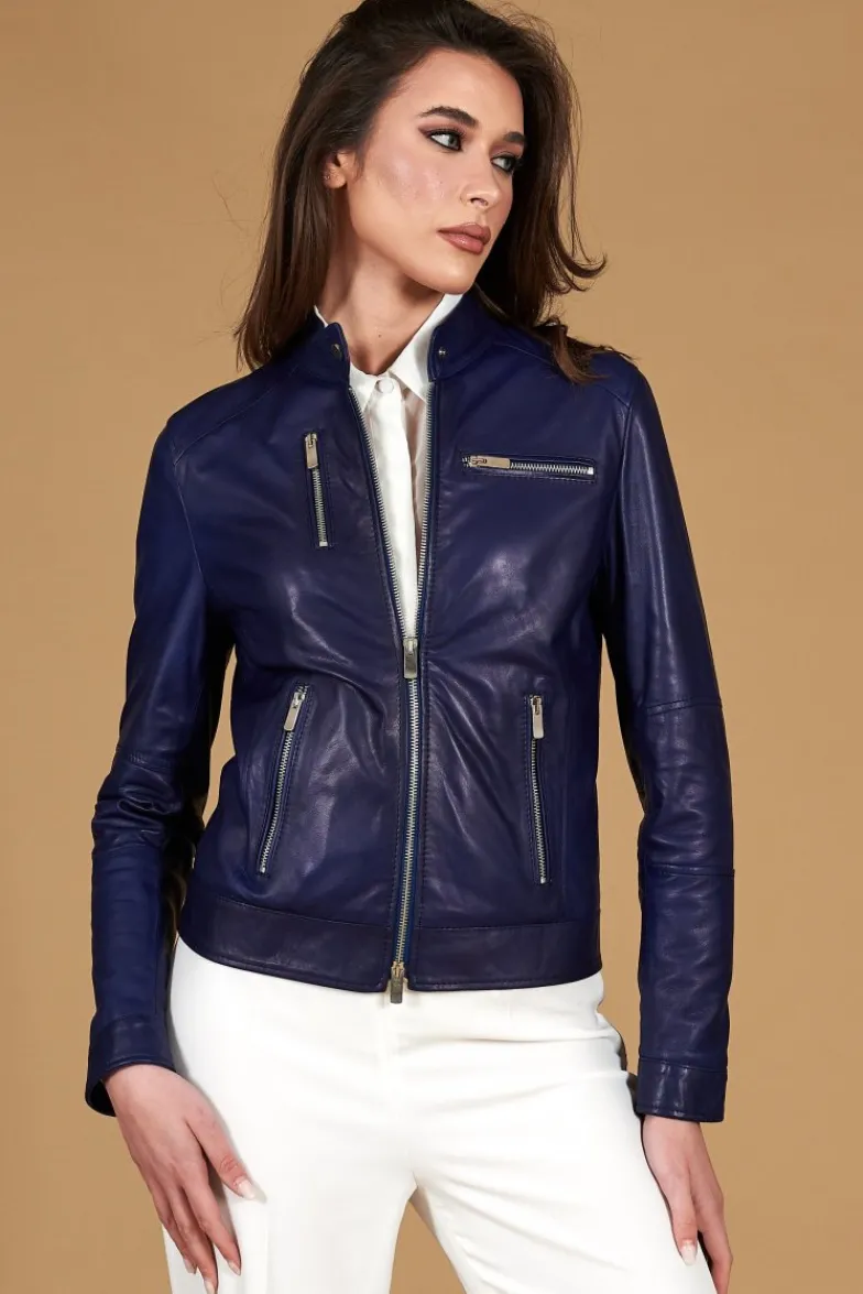 Donna D'Arienzo Giulia - Giacca biker in pelle naturale bluette effetto liscio