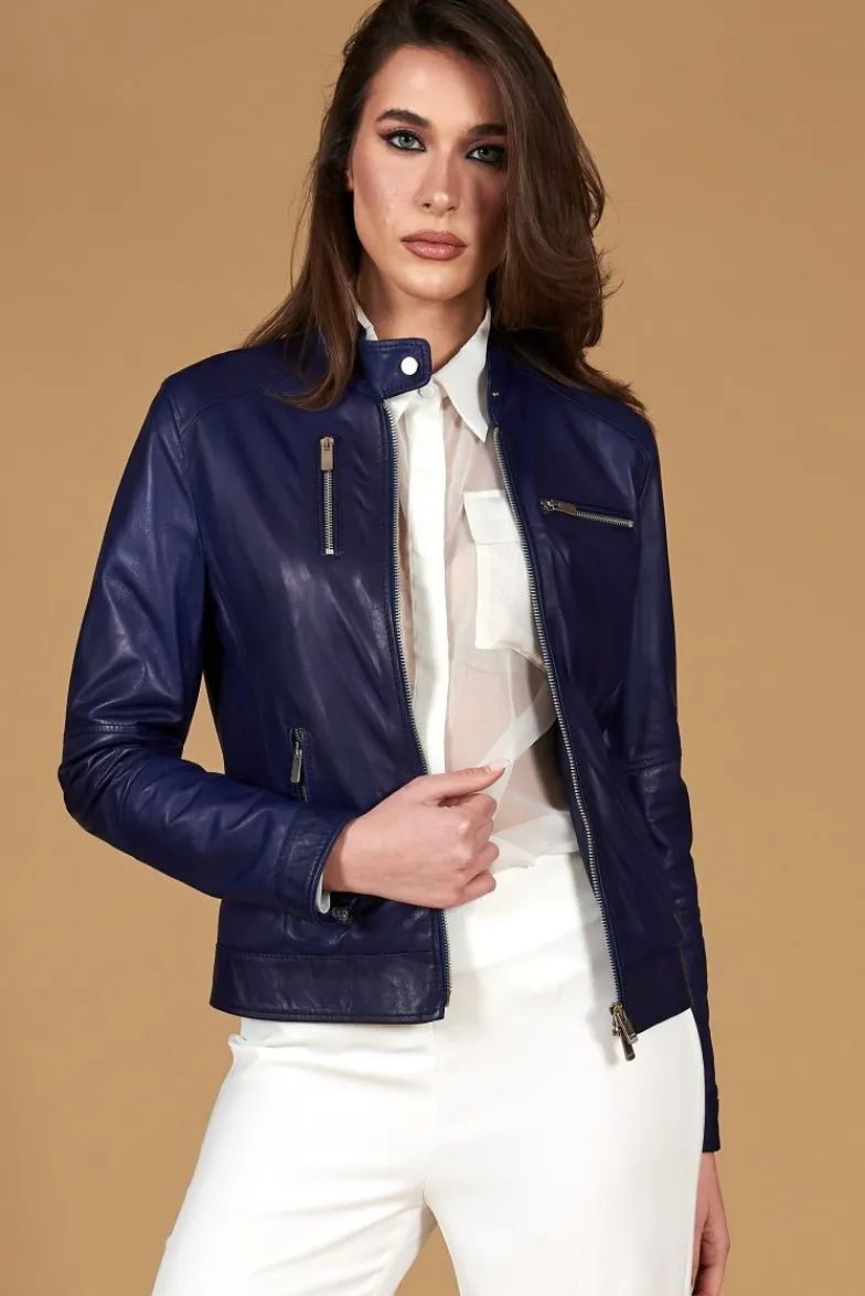 Donna D'Arienzo Giulia - Giacca biker in pelle naturale bluette effetto liscio