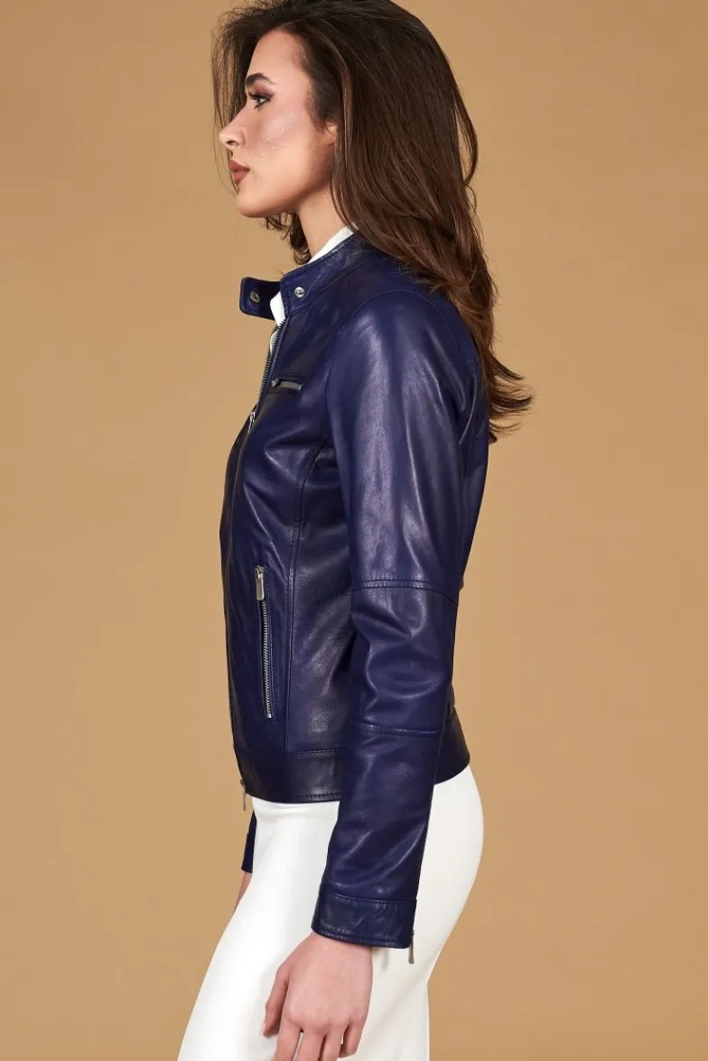 Donna D'Arienzo Giulia - Giacca biker in pelle naturale bluette effetto liscio