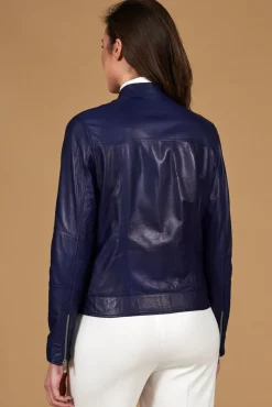 Donna D'Arienzo Giulia - Giacca biker in pelle naturale bluette effetto liscio