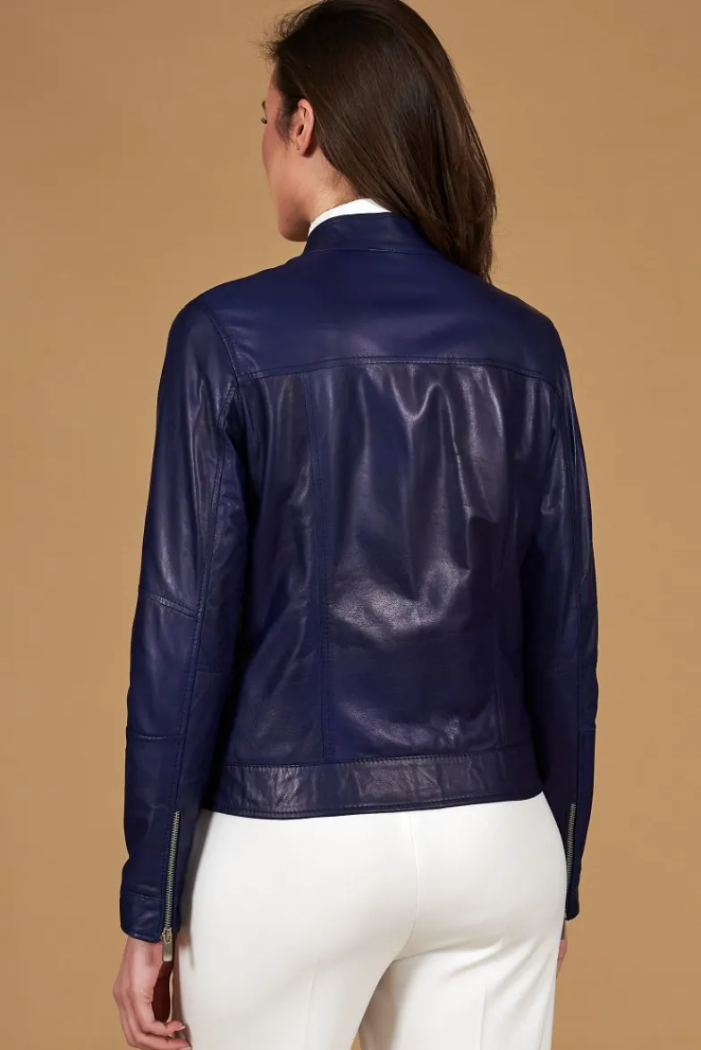 Donna D'Arienzo Giulia - Giacca biker in pelle naturale bluette effetto liscio