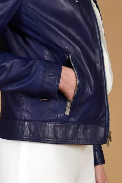 Donna D'Arienzo Giulia - Giacca biker in pelle naturale bluette effetto liscio