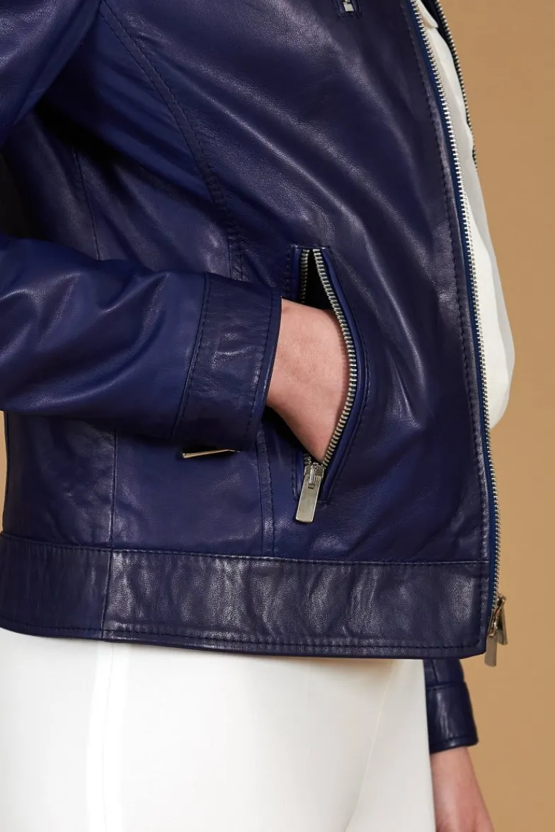 Donna D'Arienzo Giulia - Giacca biker in pelle naturale bluette effetto liscio