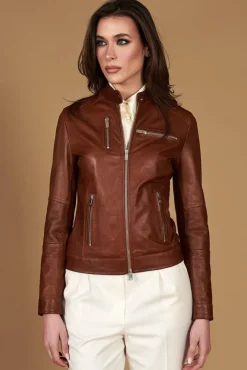 Donna D'Arienzo Giulia - Giacca biker in pelle cuoio pull up effetto vintage