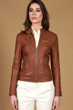 Donna D'Arienzo Giulia - Giacca biker in pelle naturale cuoio effetto liscio