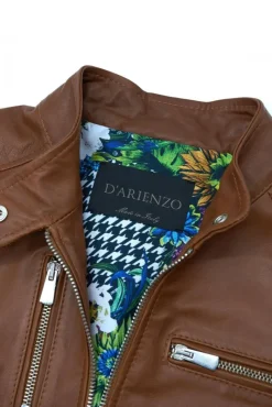 Donna D'Arienzo Giulia - Giacca biker in pelle naturale cuoio effetto liscio
