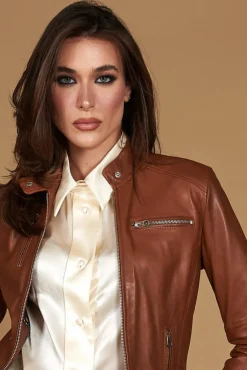 Donna D'Arienzo Giulia - Giacca biker in pelle naturale cuoio effetto liscio
