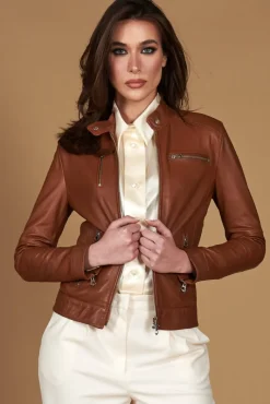 Donna D'Arienzo Giulia - Giacca biker in pelle naturale cuoio effetto liscio