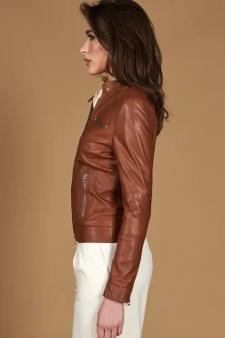 Donna D'Arienzo Giulia - Giacca biker in pelle naturale cuoio effetto liscio