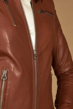Donna D'Arienzo Giulia - Giacca biker in pelle naturale cuoio effetto liscio