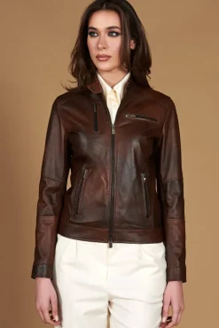 Donna D'Arienzo Giulia - Giacca biker in pelle naturale marrone effetto liscio