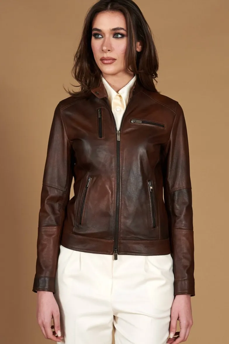 Donna D'Arienzo Giulia - Giacca biker in pelle naturale marrone effetto liscio