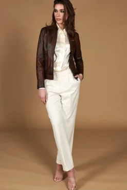 Donna D'Arienzo Giulia - Giacca biker in pelle naturale marrone effetto liscio