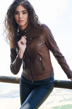 Donna D'Arienzo Giulia - Giacca biker in pelle naturale marrone effetto liscio