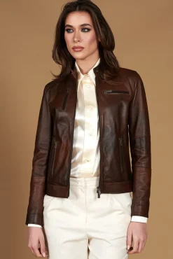 Donna D'Arienzo Giulia - Giacca biker in pelle naturale marrone effetto liscio