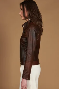 Donna D'Arienzo Giulia - Giacca biker in pelle naturale marrone effetto liscio