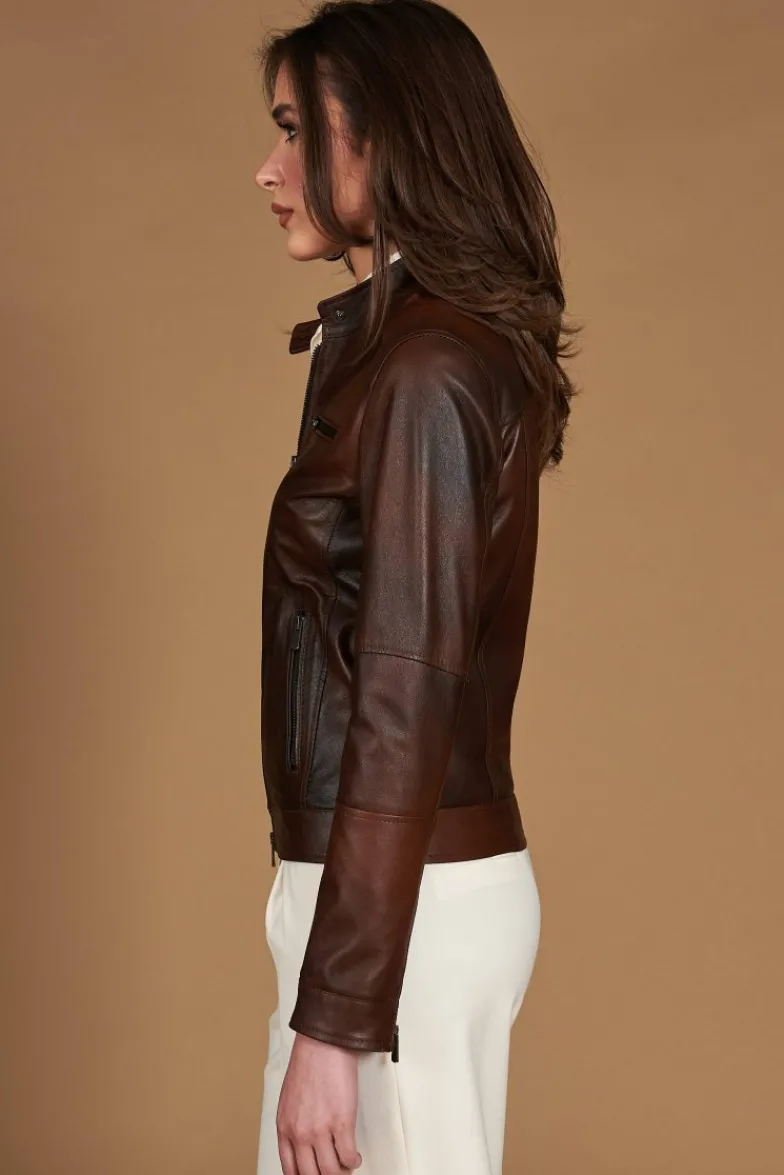 Donna D'Arienzo Giulia - Giacca biker in pelle naturale marrone effetto liscio