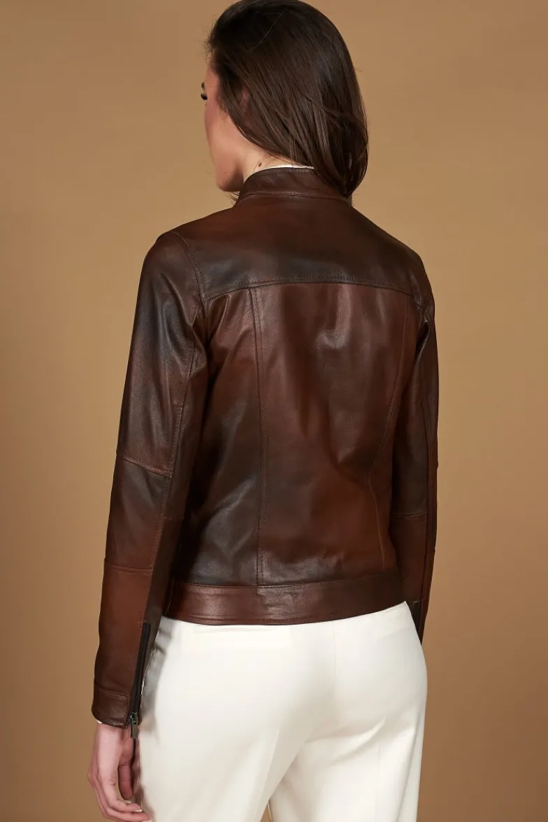 Donna D'Arienzo Giulia - Giacca biker in pelle naturale marrone effetto liscio
