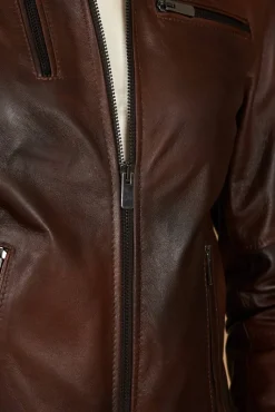Donna D'Arienzo Giulia - Giacca biker in pelle naturale marrone effetto liscio